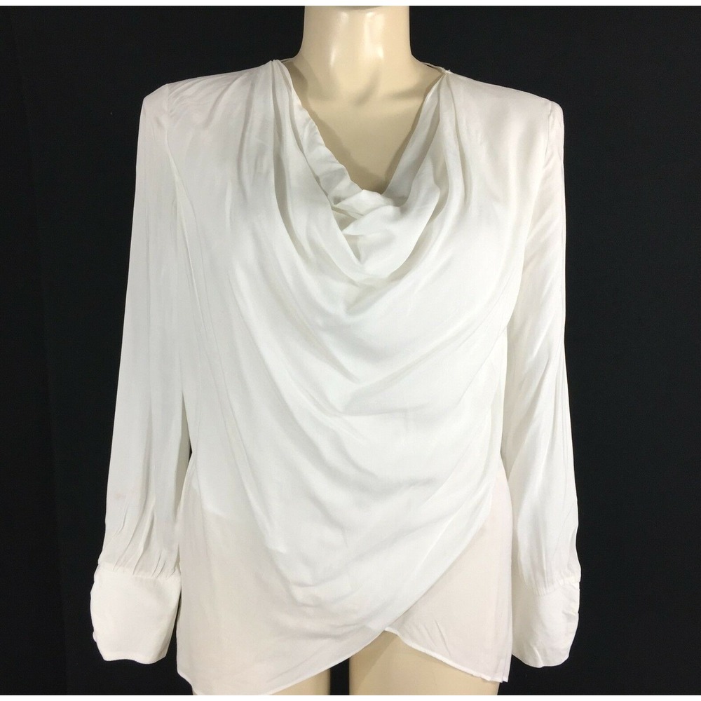 Spense Top LARGE White Drape Wrap Front Blouse Long Sl Cuff Keyhole Back Work LN